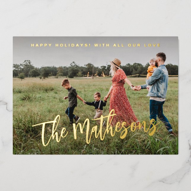 Tarjeta Festiva Con Relieve Metalizado Felices Fiestas Foto de Familia Moderna Personaliz (Anverso)