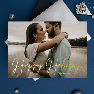 Tarjeta Festiva Con Relieve Metalizado Felices Fiestas Foto Escrita a Mano con Dorado