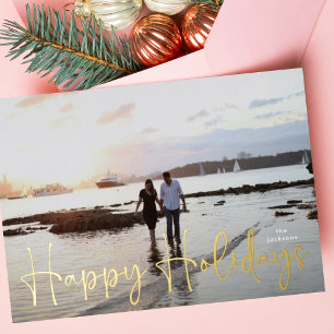 Tarjeta Festiva Con Relieve Metalizado Felices Fiestas Foto Escrita a Mano con Dorado
