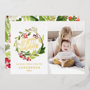 Tarjeta Festiva Con Relieve Metalizado Felices Fiestas foto floral acuarela