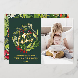 Tarjeta Festiva Con Relieve Metalizado Felices Fiestas foto floral acuarela verde