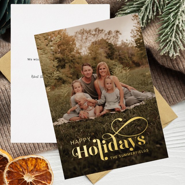 Tarjeta Festiva Con Relieve Metalizado Felices Fiestas Guión Navidades de Oro (Rustic Christmas Holidays Family Photo Greetings Gold Foil Card)