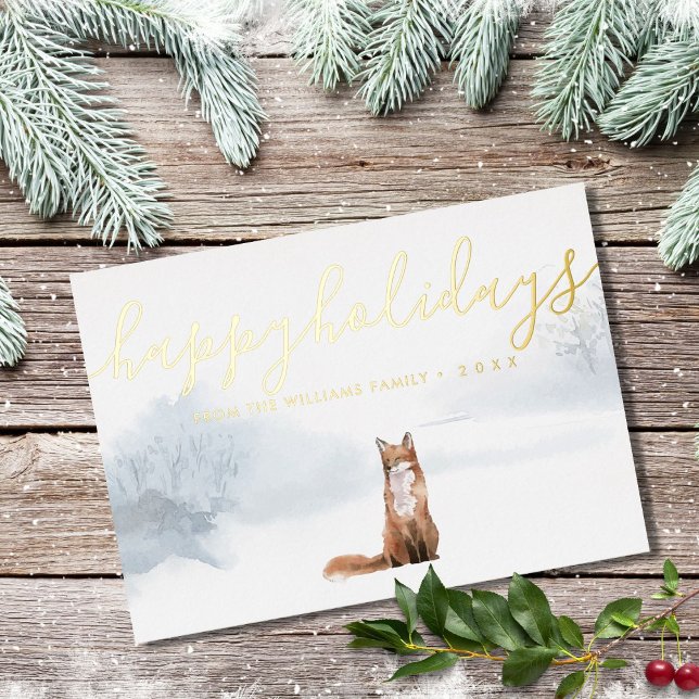 Tarjeta Festiva Con Relieve Metalizado Felices Fiestas Invierno Woodland Scene Fox Gold (Subido por el creador)