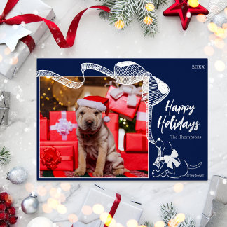 Tarjeta Festiva Con Relieve Metalizado Felices Fiestas Lindo Cachorro Moño Azul Marino Mo