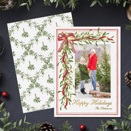 Tarjeta Festiva Con Relieve Metalizado Felices fiestas Mistletoe Red Bow Family Photo