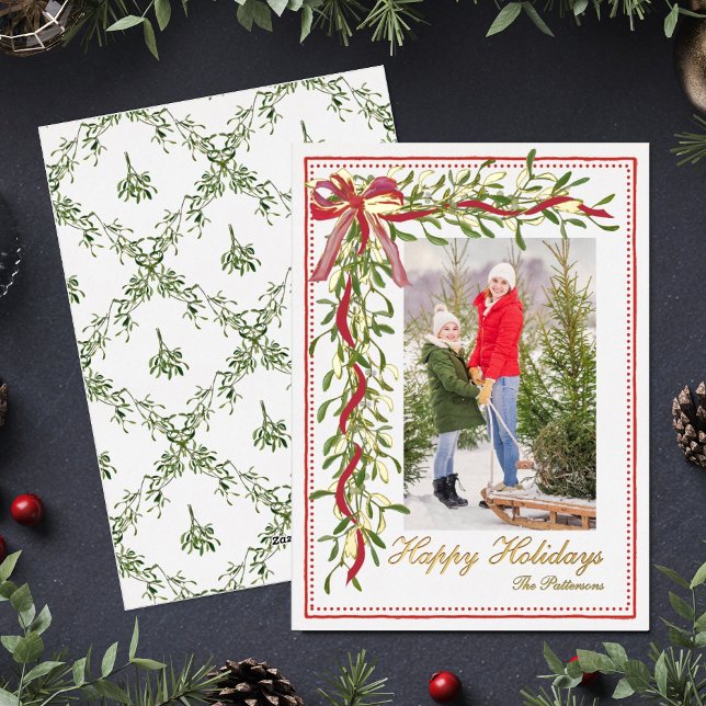 Tarjeta Festiva Con Relieve Metalizado Felices fiestas Mistletoe Red Bow Family Photo (Subido por el creador)