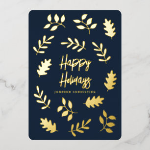 Tarjeta Festiva Con Relieve Metalizado Felices Fiestas Modernas Foliage Botánico