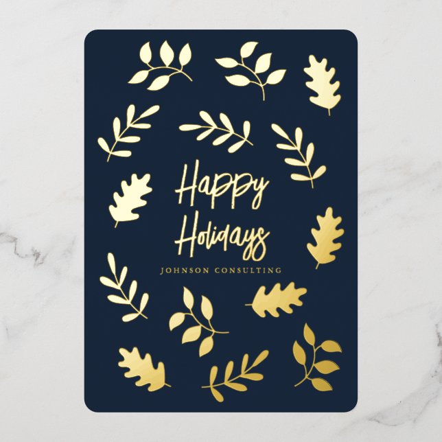 Tarjeta Festiva Con Relieve Metalizado Felices Fiestas Modernas Foliage Botánico (Anverso)