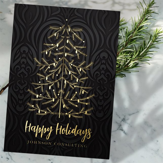 Tarjeta Festiva Con Relieve Metalizado Felices fiestas moderno árbol de Navidad Damasco (Subido por el creador)