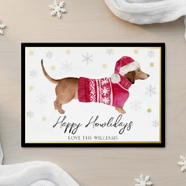 Tarjeta Festiva Con Relieve Metalizado Felices Fiestas Navideñas Acuarela Perro Dachshund