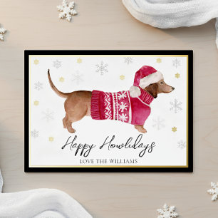 Tarjeta Festiva Con Relieve Metalizado Felices Fiestas Navideñas Acuarela Perro Dachshund