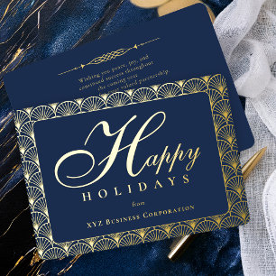 Tarjeta Festiva Con Relieve Metalizado Felices Fiestas Navideñas Art Deco Navy Empresa