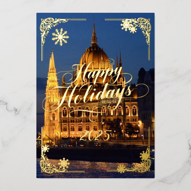 Tarjeta Festiva Con Relieve Metalizado Felices Fiestas Noches de Budapest (Anverso)