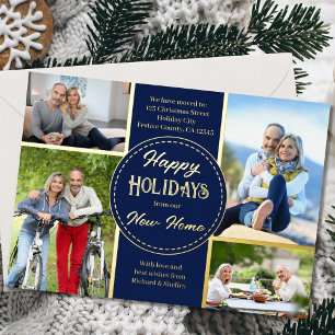 Tarjeta Festiva Con Relieve Metalizado Felices Fiestas Nueva Casa 4 Fotos Azul y Dorado