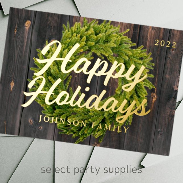 Tarjeta Festiva Con Relieve Metalizado Felices Fiestas País Rústico Pino Wreath Wood (Subido por el creador)