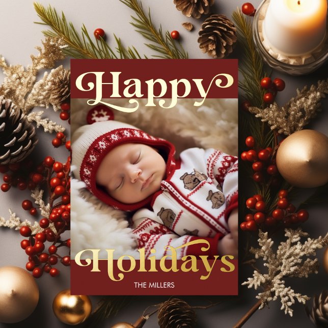 Tarjeta Festiva Con Relieve Metalizado Felices fiestas, primera Navidad tradicional del b (Happy Holidays Baby's First Christmas Traditional Foil Holiday Card)