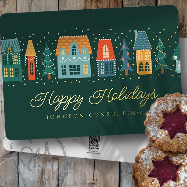 Tarjeta Festiva Con Relieve Metalizado Felices Fiestas Pueblo de Invierno Moderno Nevado (Subido por el creador)