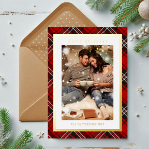 Tarjeta Festiva Con Relieve Metalizado Felices fiestas Red Plaid Tartan Photo Navidades