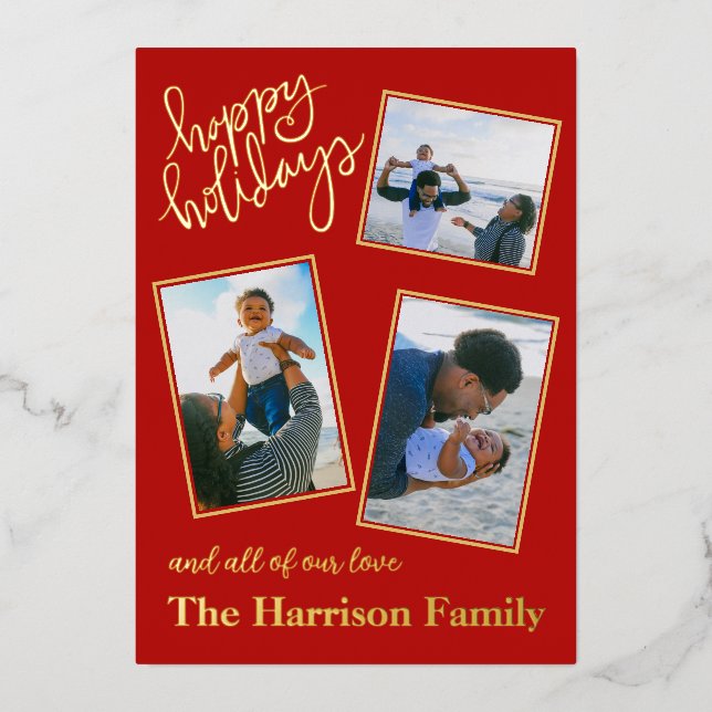 Tarjeta Festiva Con Relieve Metalizado Felices Fiestas Rojo Personalizado 4 Fotos Dorado (Anverso)