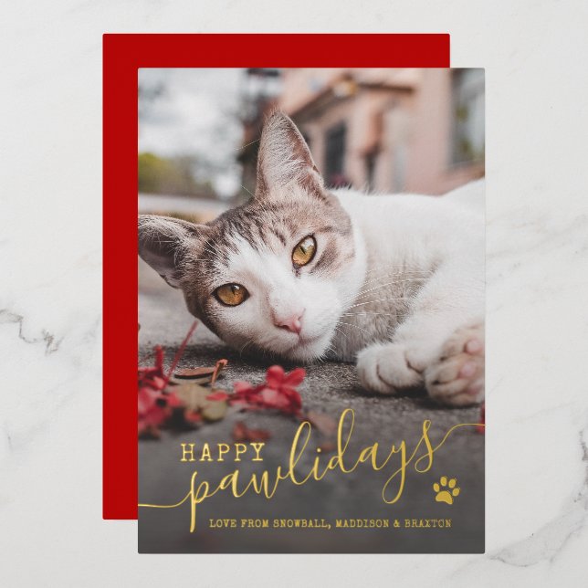 Tarjeta Festiva Con Relieve Metalizado Felices Pawlidays Cat Photo Mascota Navidades Rojo (Anverso/Reverso)