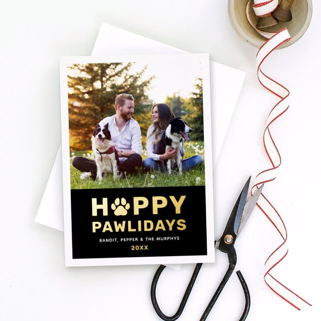 Tarjeta Festiva Con Relieve Metalizado Felices Pawlidays Modern Gold Black Puppy Dog Phot (Subido por el creador)