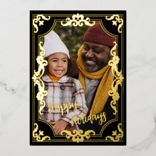 Tarjeta Festiva Con Relieve Metalizado Felices vacaciones Añadir tu foto y texto oro real