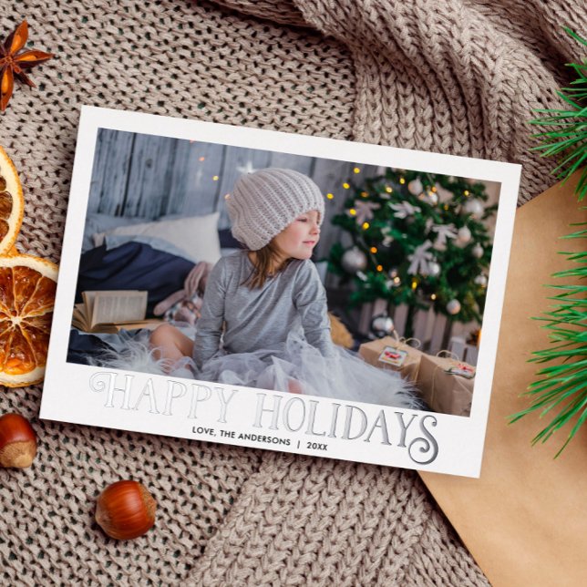 Tarjeta Festiva Con Relieve Metalizado Felices vacaciones, caligrafía moderna, una foto (Subido por el creador)