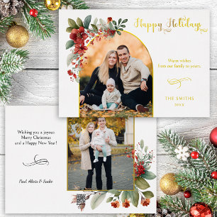 Tarjeta Festiva Con Relieve Metalizado Felices vacaciones Calligraphy Arch Floral Photo