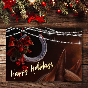 Tarjeta Festiva Con Relieve Metalizado Felices vacaciones: El viaje de caballos y Navidad