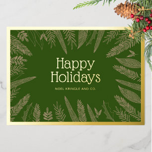 Tarjeta Festiva Con Relieve Metalizado Felices vacaciones Greenery Frame Navidades corpor