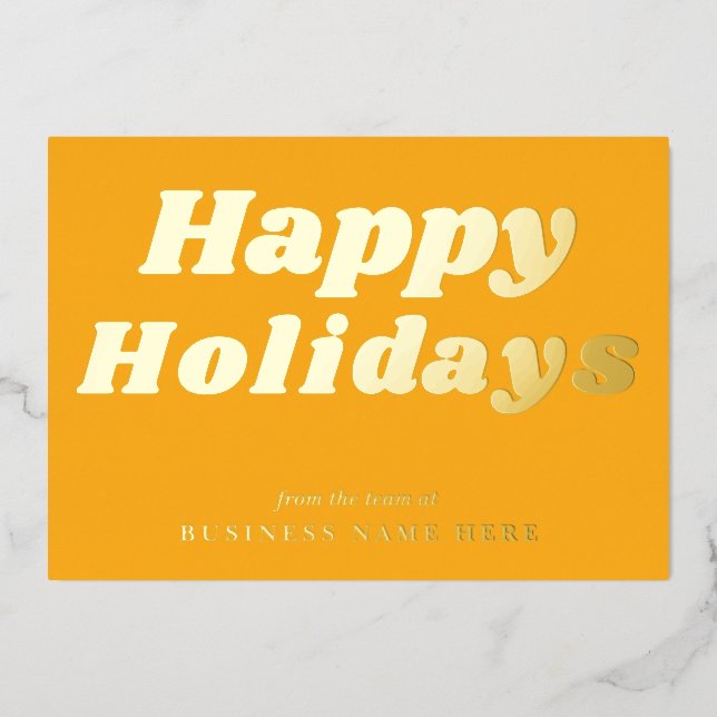 Tarjeta Festiva Con Relieve Metalizado Felices vacaciones retro groovía Yellow Gold Busin (Anverso)