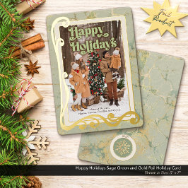 Tarjeta Festiva Con Relieve Metalizado Felices vacaciones Sage Green y Gold