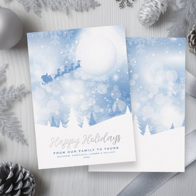 Tarjeta Festiva Con Relieve Metalizado Felices vacaciones Santa Script Blue Snow Real (Happy Holidays Santa Script Blue Snow Real Foil Holiday Card)