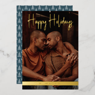 Tarjeta Festiva Con Relieve Metalizado Felices vacaciones Verde azulados Navidades de cal