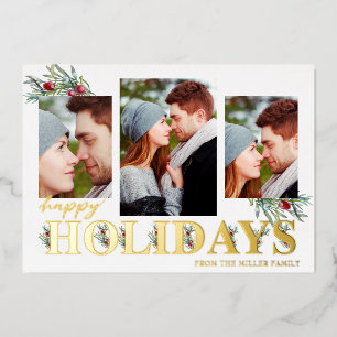 Tarjeta Festiva Con Relieve Metalizado Felicidades de Navidad Collage de Fotos de Acebo F