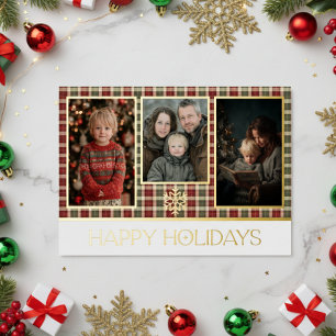 Tarjeta Festiva Con Relieve Metalizado Felicidades Navideñas Foto de Cuadros Rojos y Verd