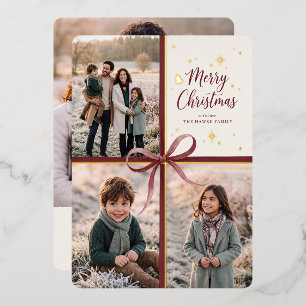 Tarjeta Festiva Con Relieve Metalizado Felicitación de Navidad con Cinta de Borgoña Colla