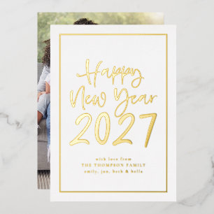 Tarjeta Festiva Con Relieve Metalizado Feliciz Año Nuevo 2027 con borde de guión simple F
