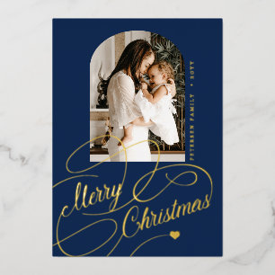 Tarjeta Festiva Con Relieve Metalizado Feliciz Navidad arco foto real navío dorado