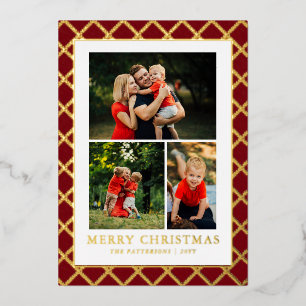 Tarjeta Festiva Con Relieve Metalizado Feliciz Navidad Collage de Fotos Cuadro Rojo