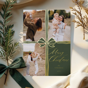 Tarjeta Festiva Con Relieve Metalizado Feliciz Navidad Elegante Cinta Regalo Foto Collage