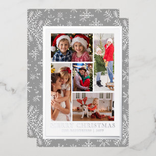 Tarjeta Festiva Con Relieve Metalizado Feliciz Navidad Fotocolage Copo de Nieve Plateado
