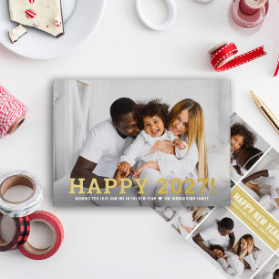 Tarjeta Festiva Con Relieve Metalizado Feliz 2027 Foto Completa de Año Nuevo Dorado
