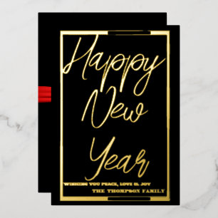 Tarjeta Festiva Con Relieve Metalizado Feliz Año Nuevo 2024, cinta roja