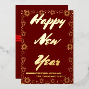 Tarjeta Festiva Con Relieve Metalizado Feliz Año Nuevo 2024 Cinta Roja Retro