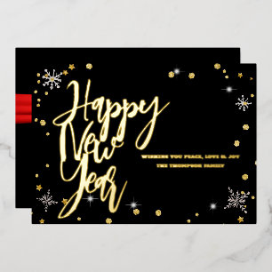 Tarjeta Festiva Con Relieve Metalizado Feliz Año Nuevo 2024 Cinta Roja Retro