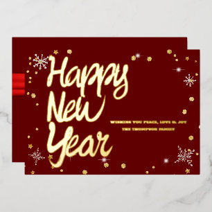 Tarjeta Festiva Con Relieve Metalizado Feliz Año Nuevo 2024 Cinta Roja Retro