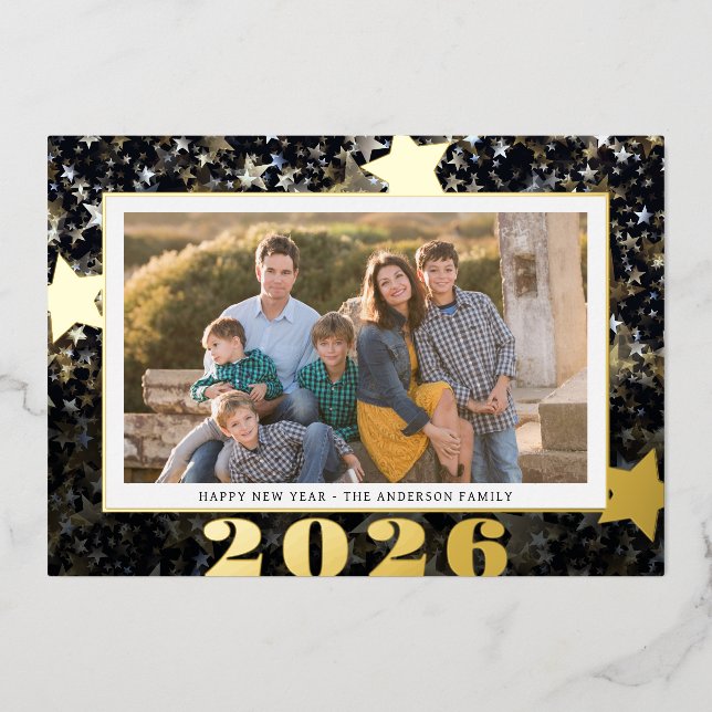 Tarjeta Festiva Con Relieve Metalizado Feliz Año Nuevo 2024 Star Confetti Photo (Anverso)