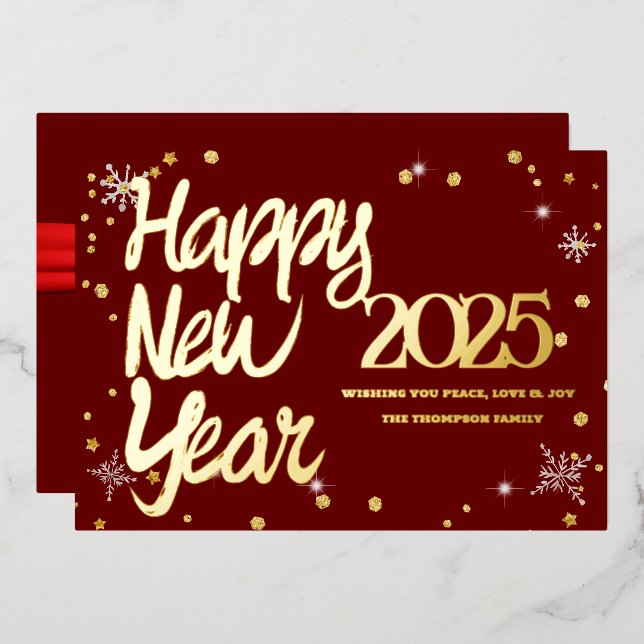 Tarjeta Festiva Con Relieve Metalizado Feliz Año Nuevo 2025 Cinta Roja Retro (Anverso/Reverso)