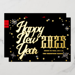 Tarjeta Festiva Con Relieve Metalizado Feliz Año Nuevo 2025 Cinta Roja Retro
